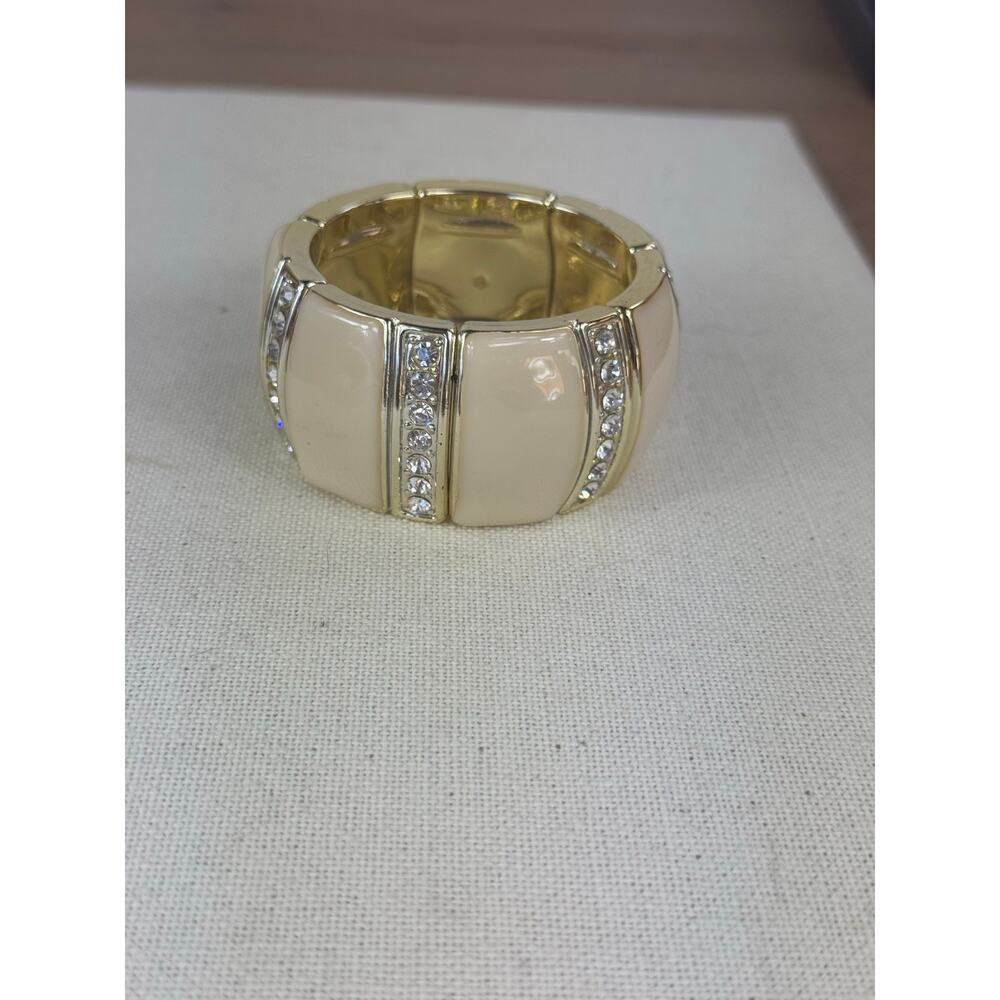 Stretchy Cuff Bracelet Ivory Enamel, Gold Tone w/ CRYSTALS